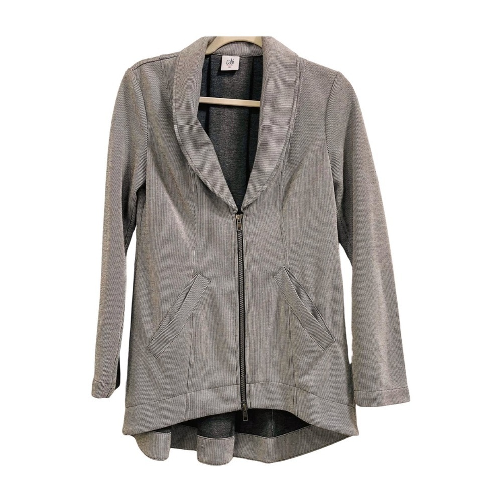 Cabi Grey White Stripe Back Zipper High Low Blazer Jacket Size XS